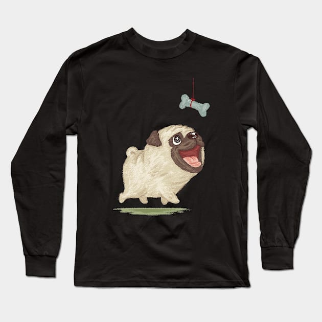 Happy Pug and dog bone Long Sleeve T-Shirt by sanogawa